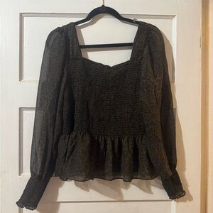 Nine West Olive Green Smocked Peplum Blouse